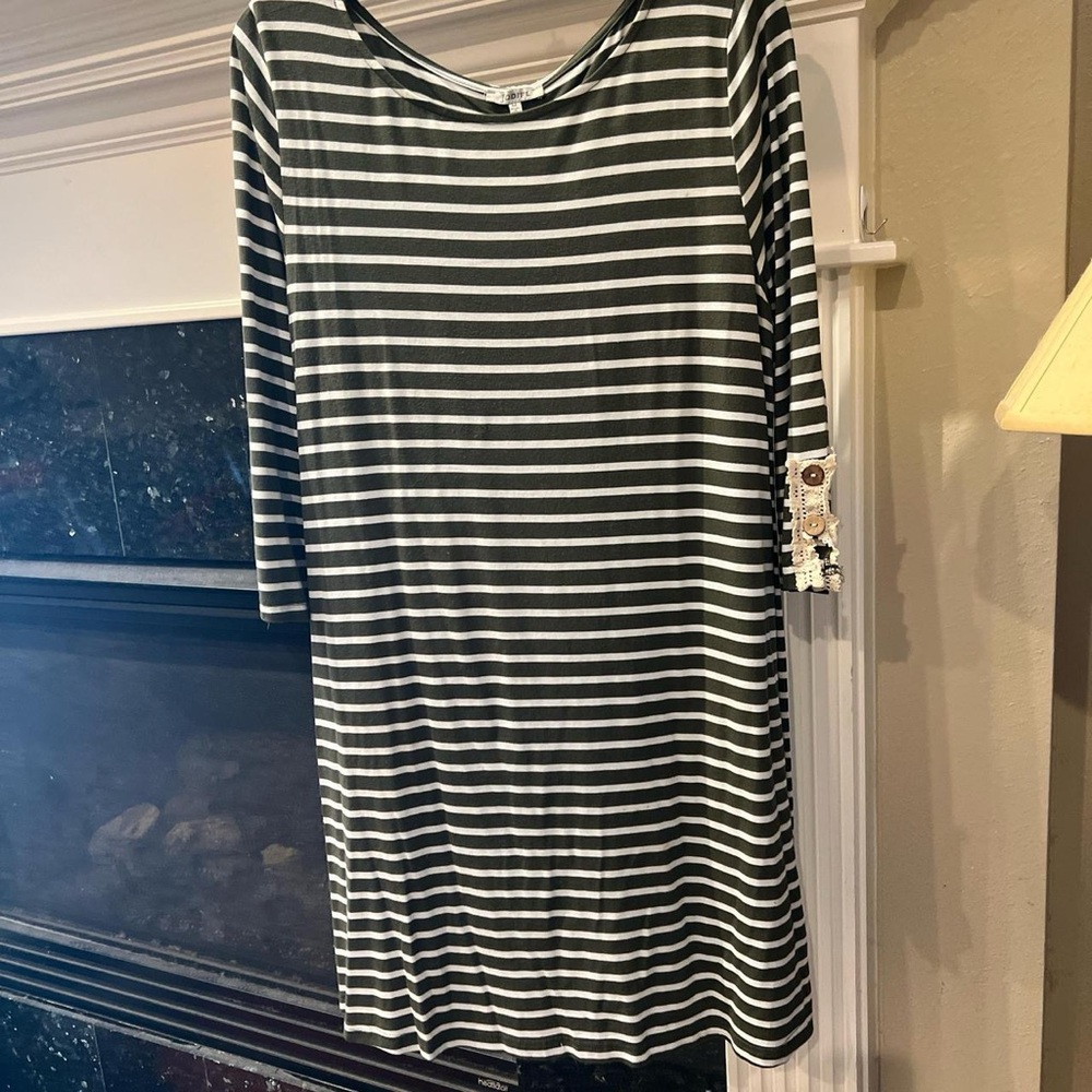 JODIFL Olive Green and White Striped Long Sleeve Dress size M
